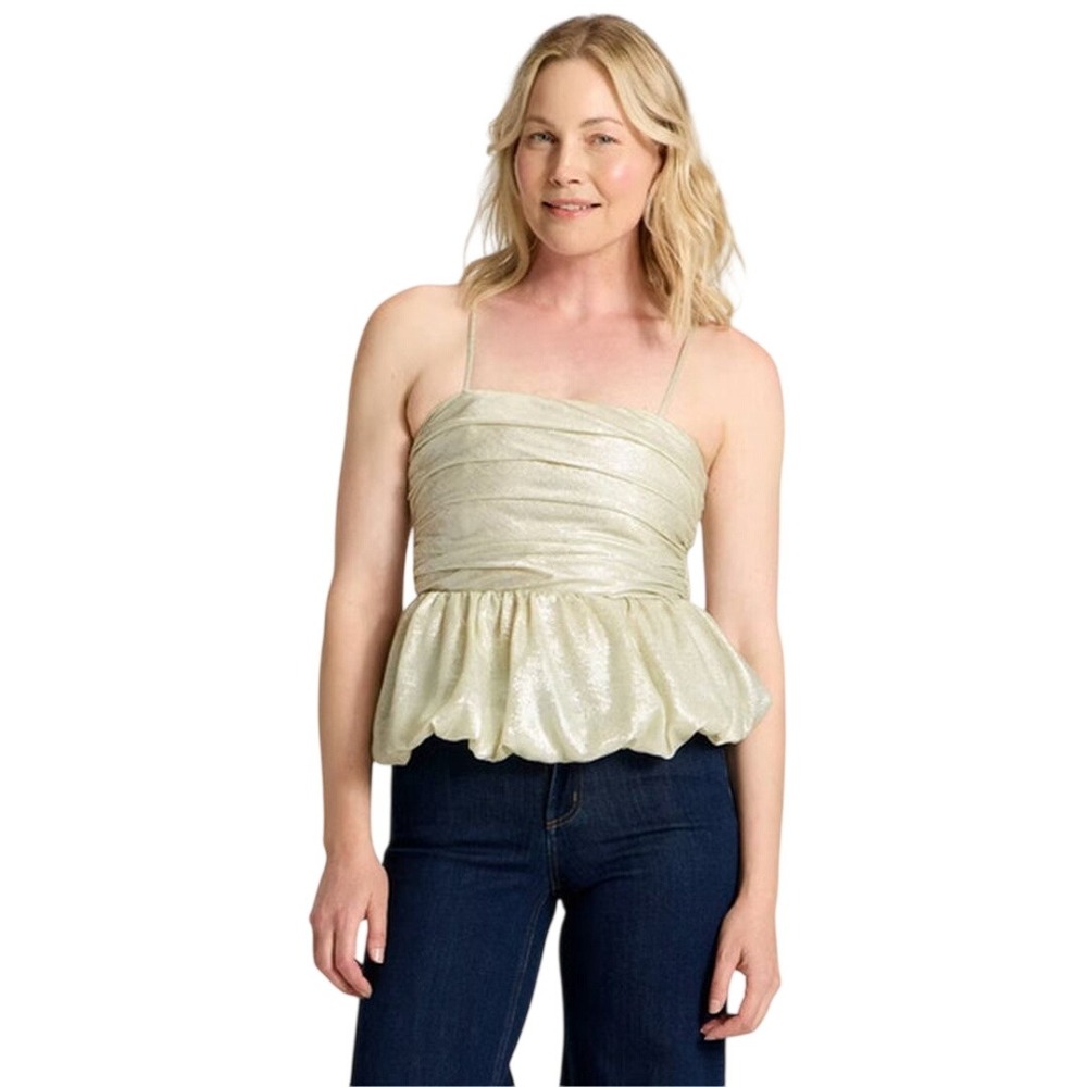 A New Day Women's Champagne Metallic Ruched Peplum Cami Top Size L